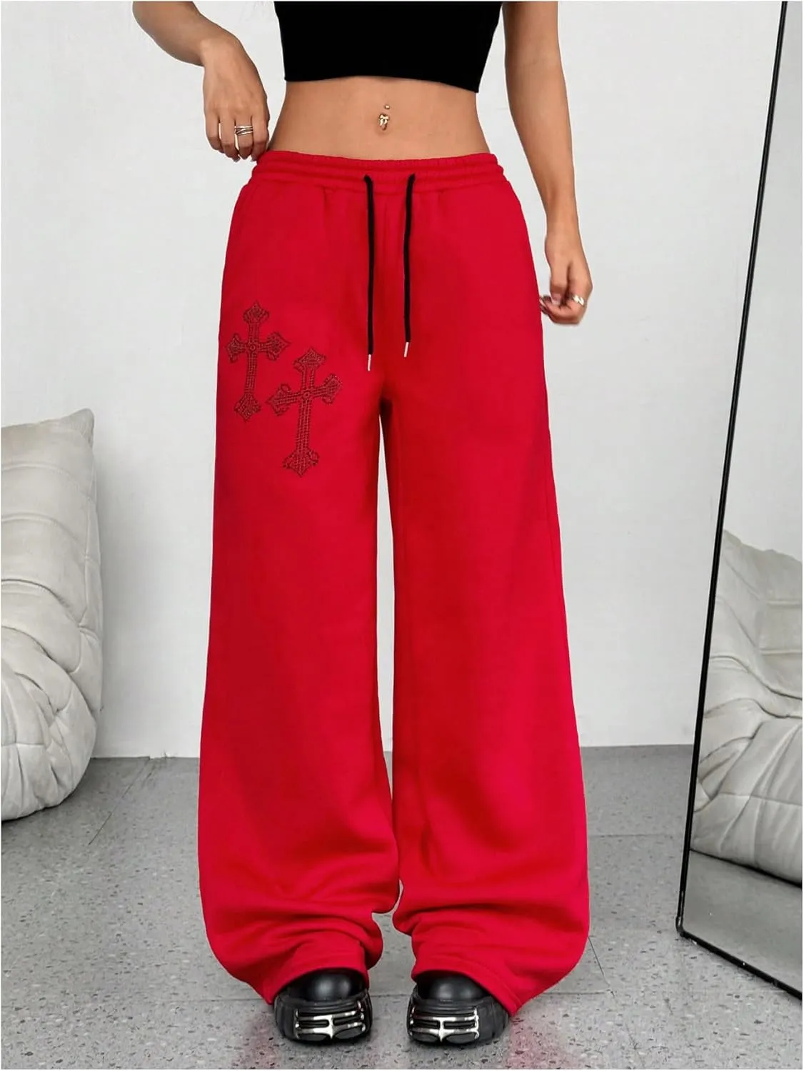 SOLY HUX Women's Y2k Baggy Pants Drawstring Waist Gothic Rhinestone Wide Leg Sweatpants