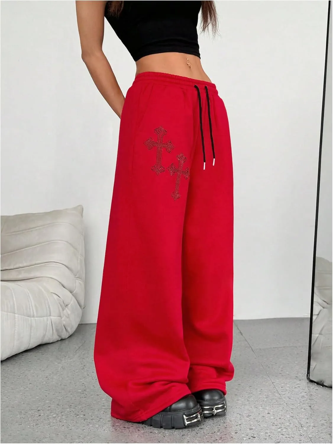 SOLY HUX Women's Y2k Baggy Pants Drawstring Waist Gothic Rhinestone Wide Leg Sweatpants