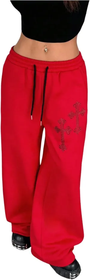 SOLY HUX Women's Y2k Baggy Pants Drawstring Waist Gothic Rhinestone Wide Leg Sweatpants