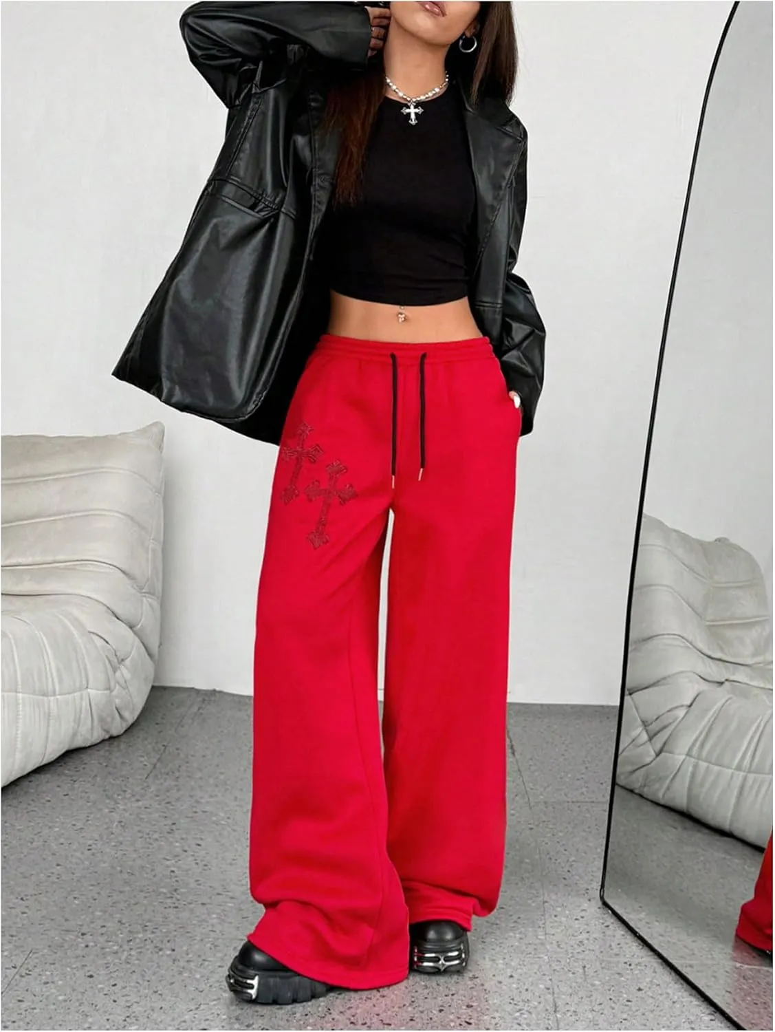 SOLY HUX Women's Y2k Baggy Pants Drawstring Waist Gothic Rhinestone Wide Leg Sweatpants