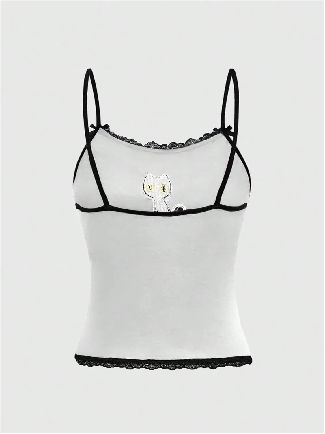 SOLY HUX Women's Y2k Lace Striped Cami Crop Tops Spaghetti Strap Cat Embroidery Camisole