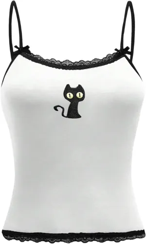 SOLY HUX Women's Y2k Lace Striped Cami Crop Tops Spaghetti Strap Cat Embroidery Camisole