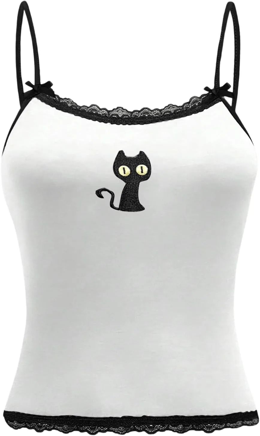 SOLY HUX Women's Y2k Lace Striped Cami Crop Tops Spaghetti Strap Cat Embroidery Camisole