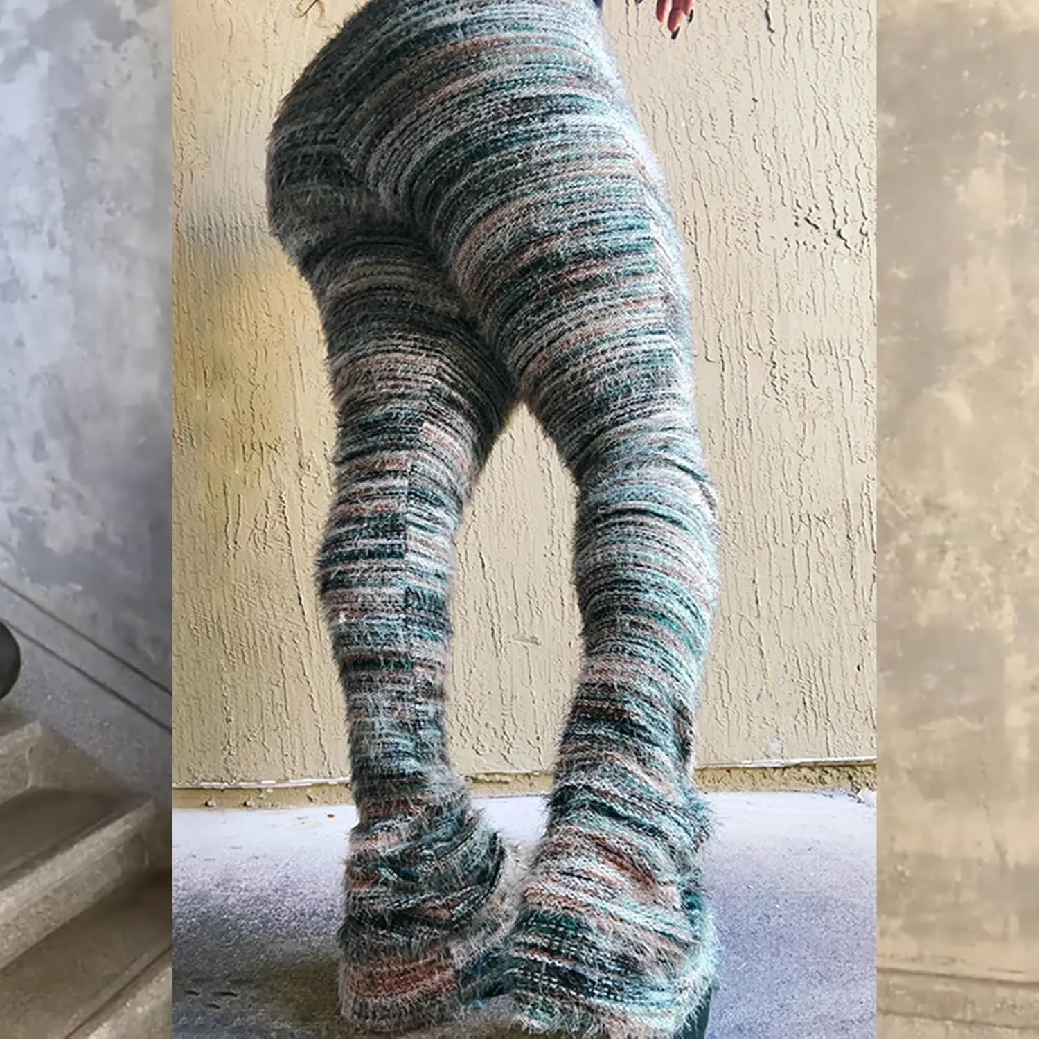 Stacked Pants for Women Leggings Bell Bottom Pants Fuzzy High Wasited Colorful Strip Club Outfits Sweatpants
