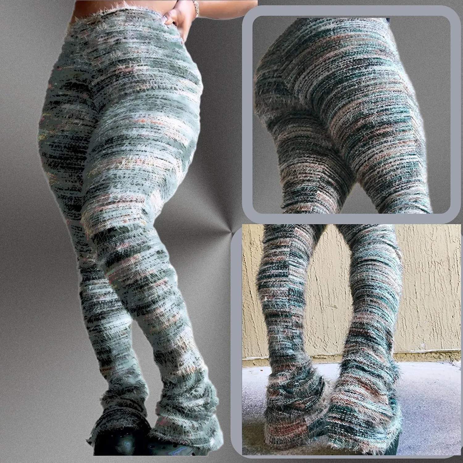 Stacked Pants for Women Leggings Bell Bottom Pants Fuzzy High Wasited Colorful Strip Club Outfits Sweatpants