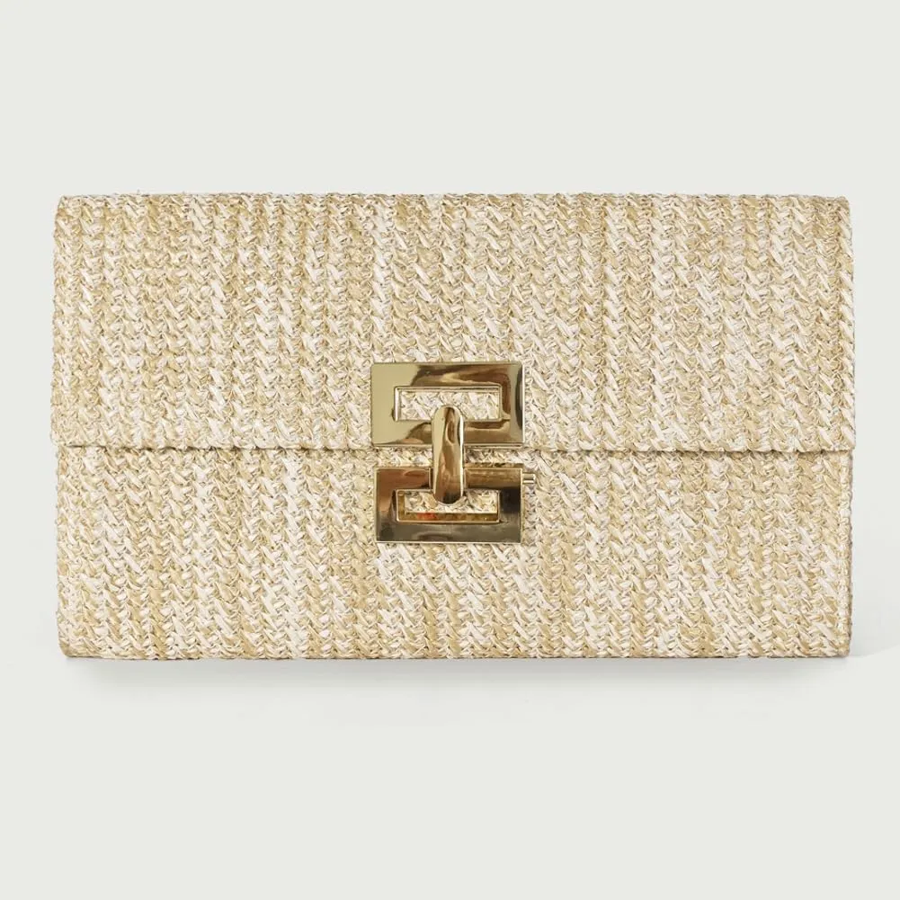 Straw Clutch Purse for Women Chic Color Blocked Evening Handbag Summer Beach Shoulder Bag Travel Party Chain Purse