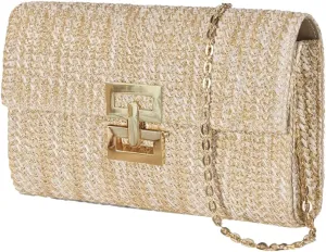 Straw Clutch Purse for Women Chic Color Blocked Evening Handbag Summer Beach Shoulder Bag Travel Party Chain Purse