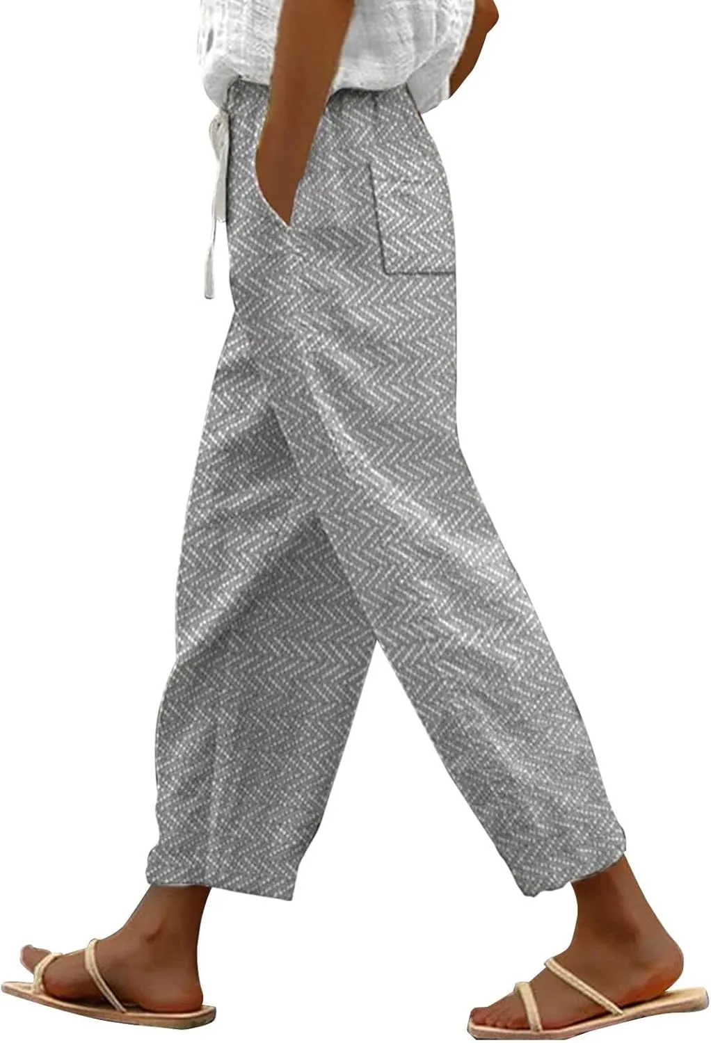 Striped Linen Capris Women Casual Drawstring Pants Linen Pants Women Capri Linen Pants Women Capri Linen