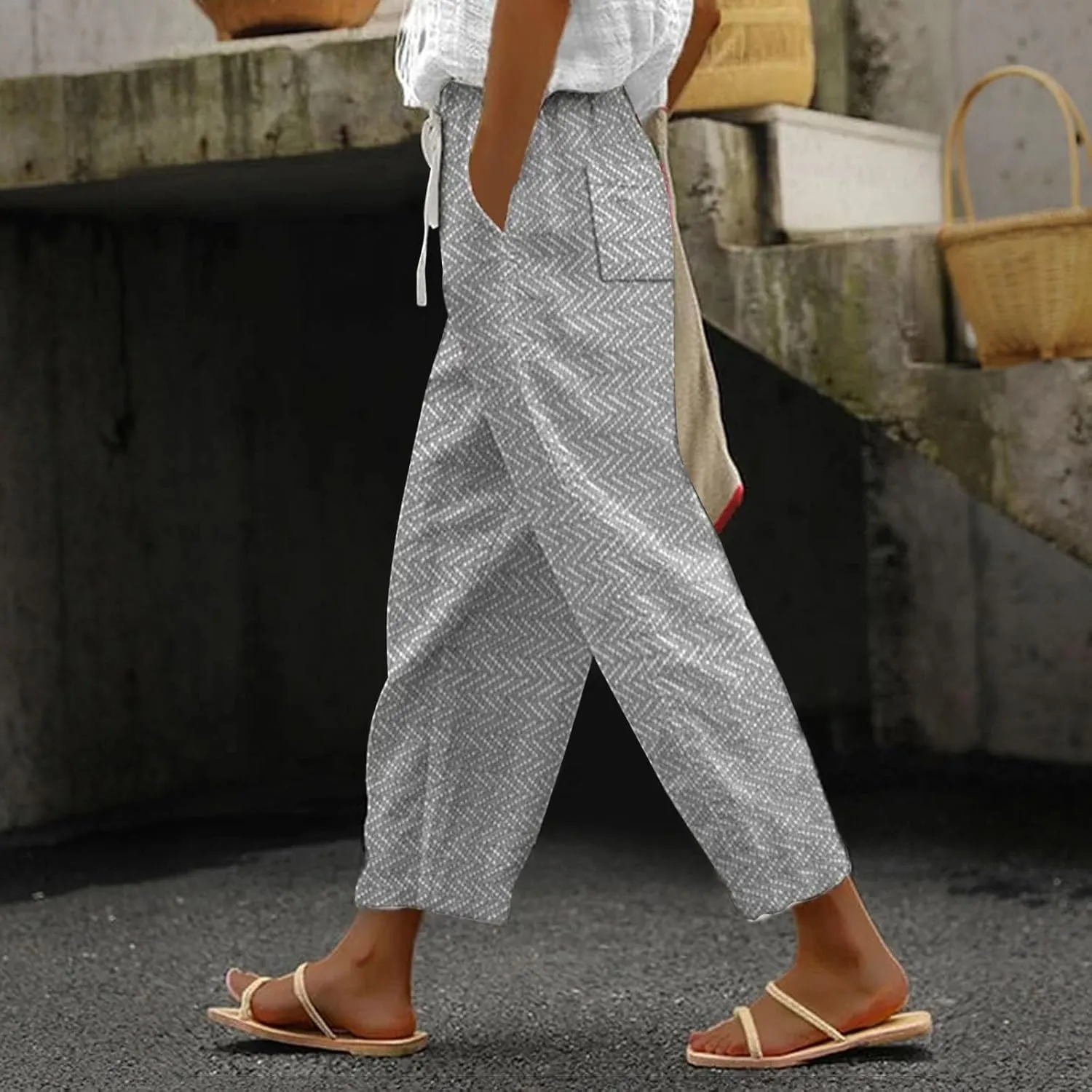 Striped Linen Capris Women Casual Drawstring Pants Linen Pants Women Capri Linen Pants Women Capri Linen