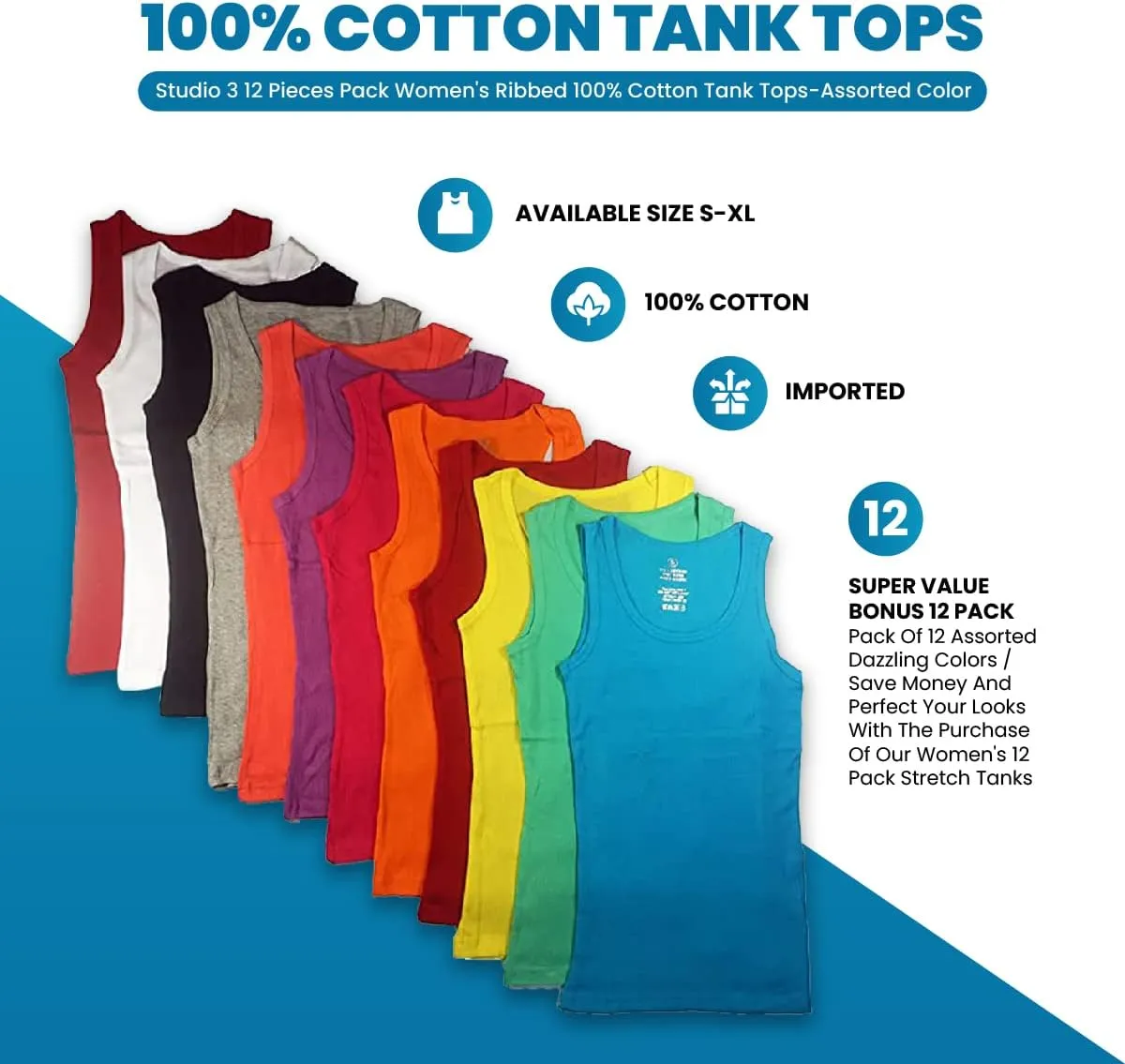 Studio 3 12 Pieces Pack Women's Ribbed 100% Cotton Tank Tops-Assorted Color