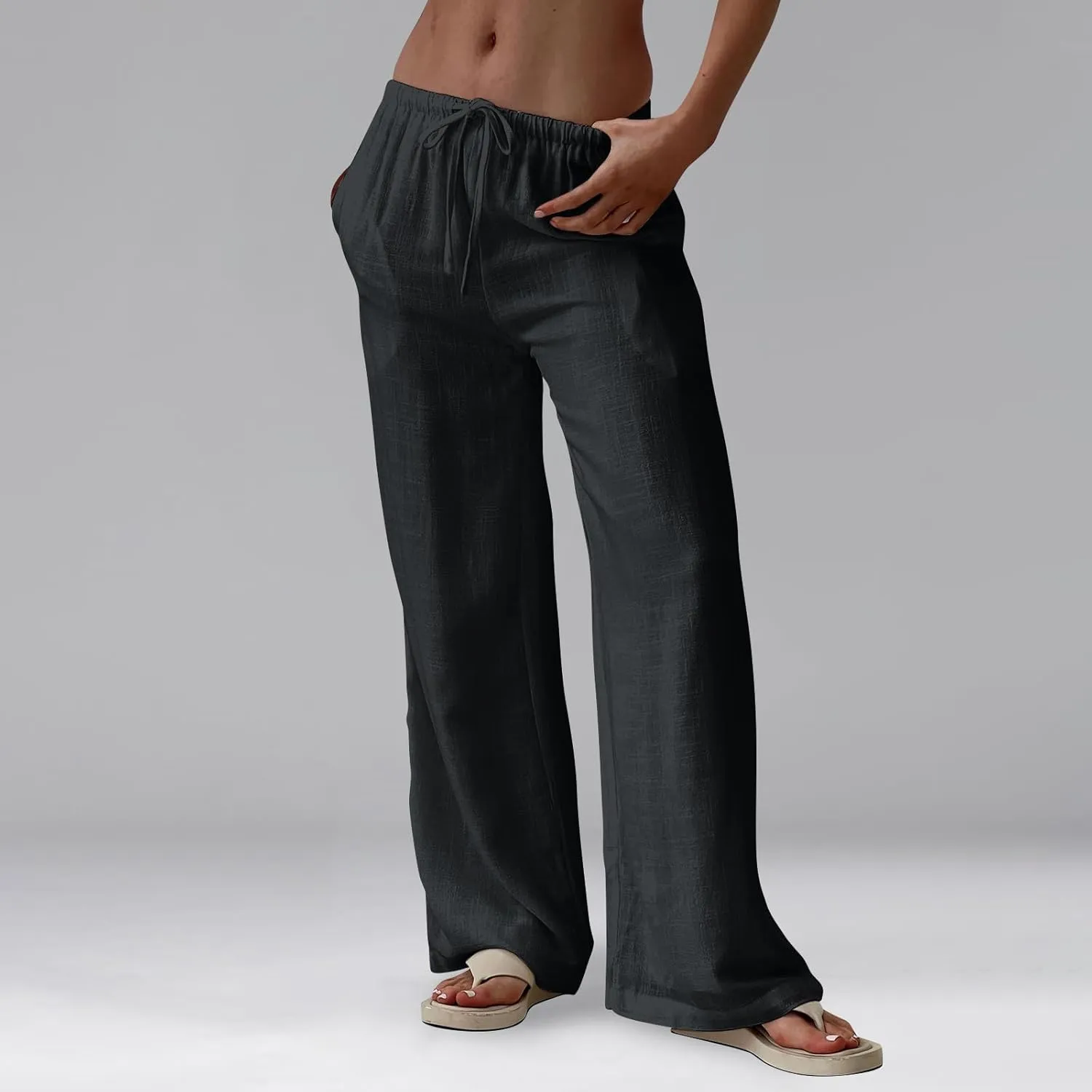 Summer Casual Pants for Women High Wasited Cotton Linen Palazzo Pants Loose Fit Drawstring Work Pants Long Trousers