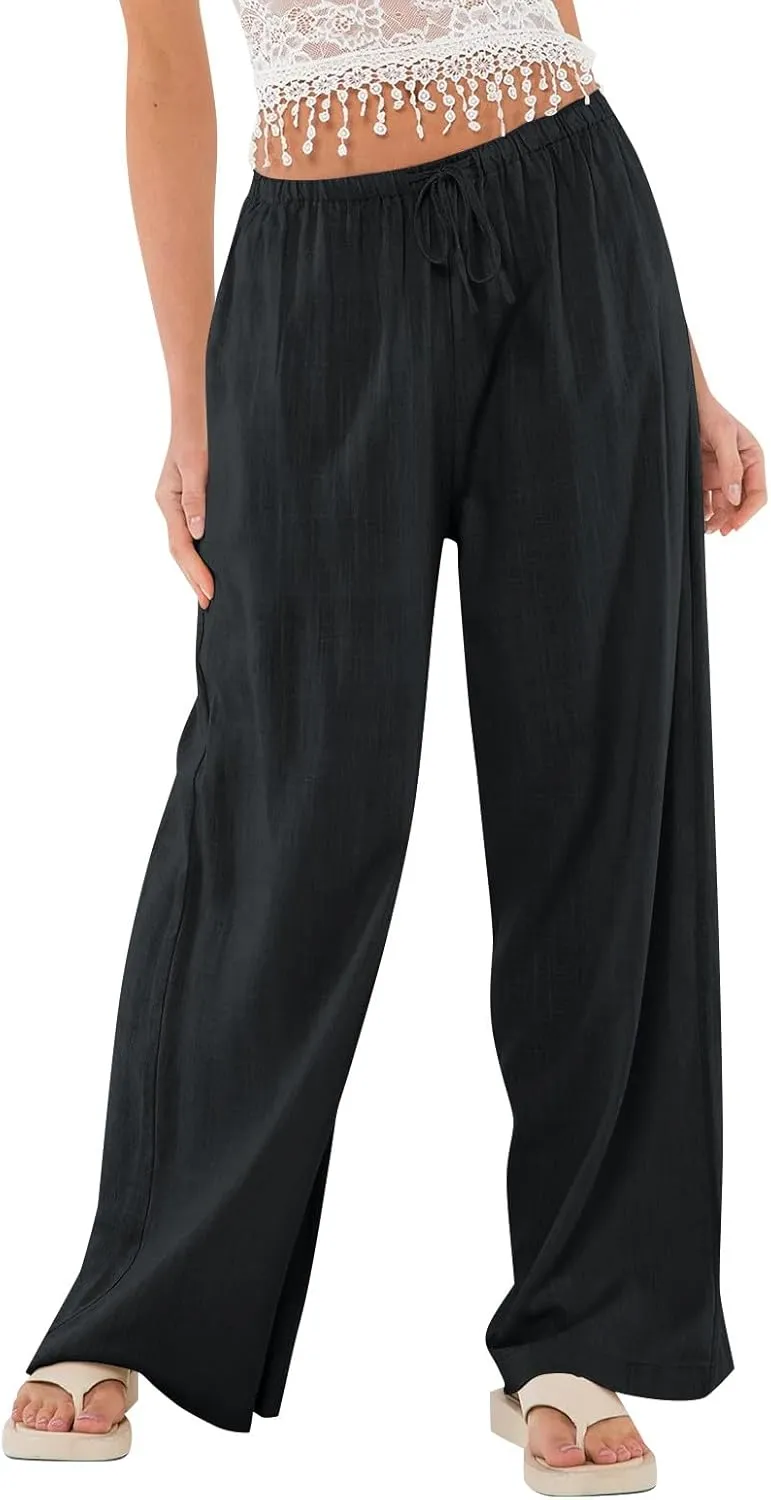 Summer Casual Pants for Women High Wasited Cotton Linen Palazzo Pants Loose Fit Drawstring Work Pants Long Trousers
