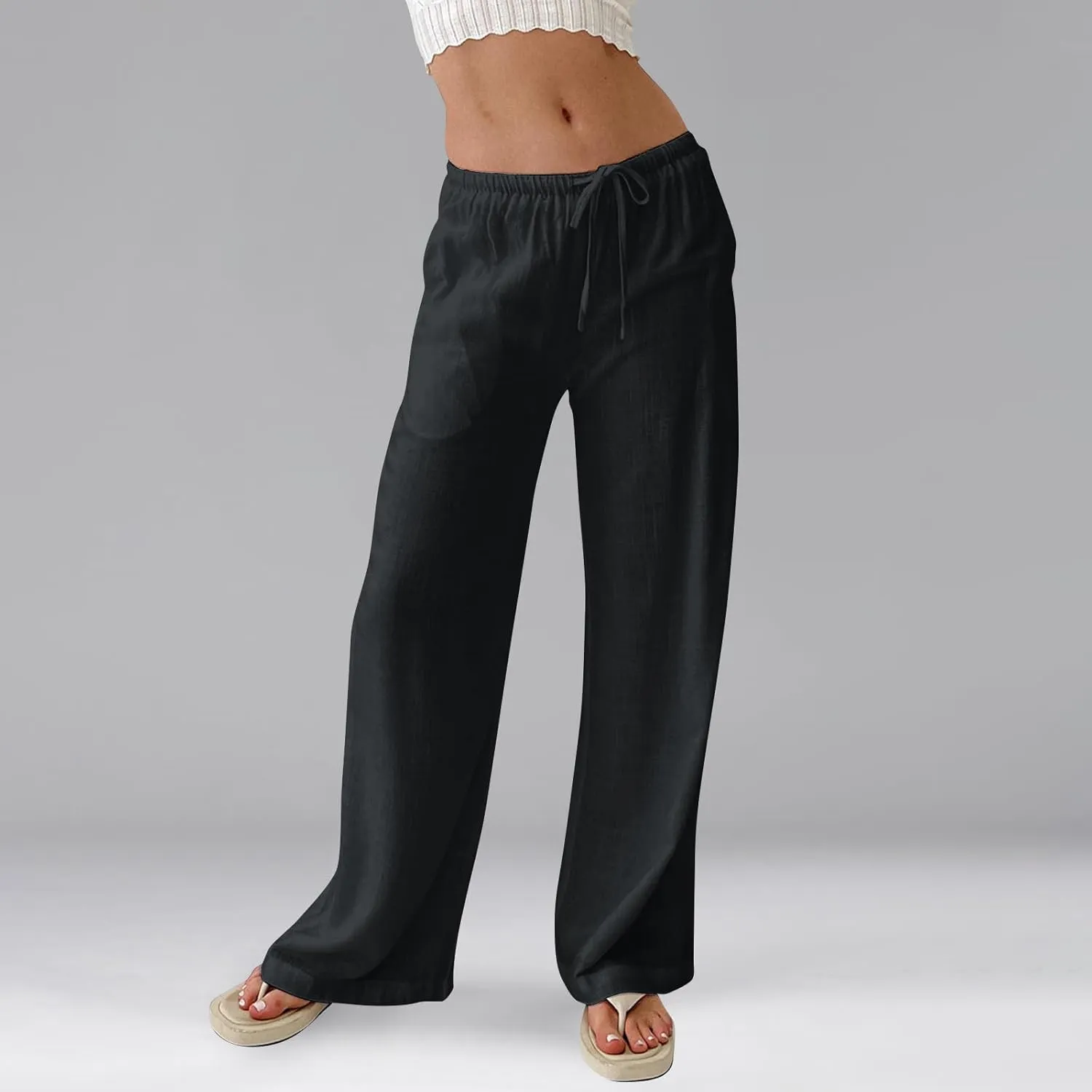 Summer Casual Pants for Women High Wasited Cotton Linen Palazzo Pants Loose Fit Drawstring Work Pants Long Trousers
