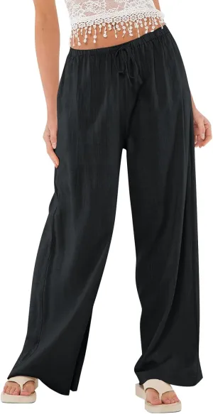 Summer Casual Pants for Women High Wasited Cotton Linen Palazzo Pants Loose Fit Drawstring Work Pants Long Trousers