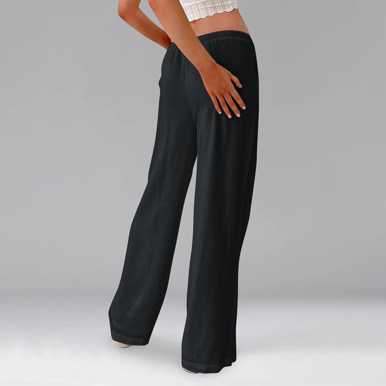 Summer Casual Pants for Women High Wasited Cotton Linen Palazzo Pants Loose Fit Drawstring Work Pants Long Trousers
