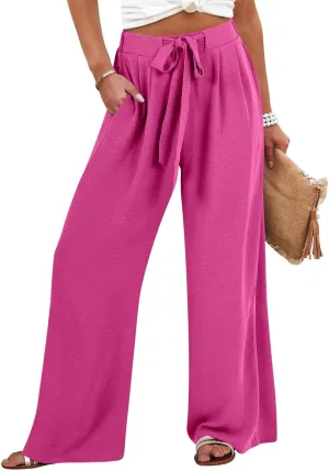 Summer Wide Leg Linen Pants for Women with Pockets High Waisted Tie Knot Beach Palazzo Pants Casual Lounge Trousers