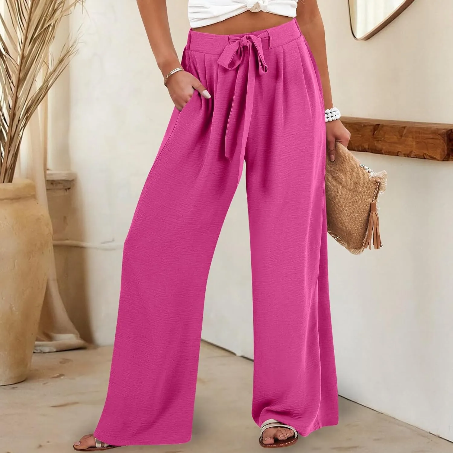Summer Wide Leg Linen Pants for Women with Pockets High Waisted Tie Knot Beach Palazzo Pants Casual Lounge Trousers