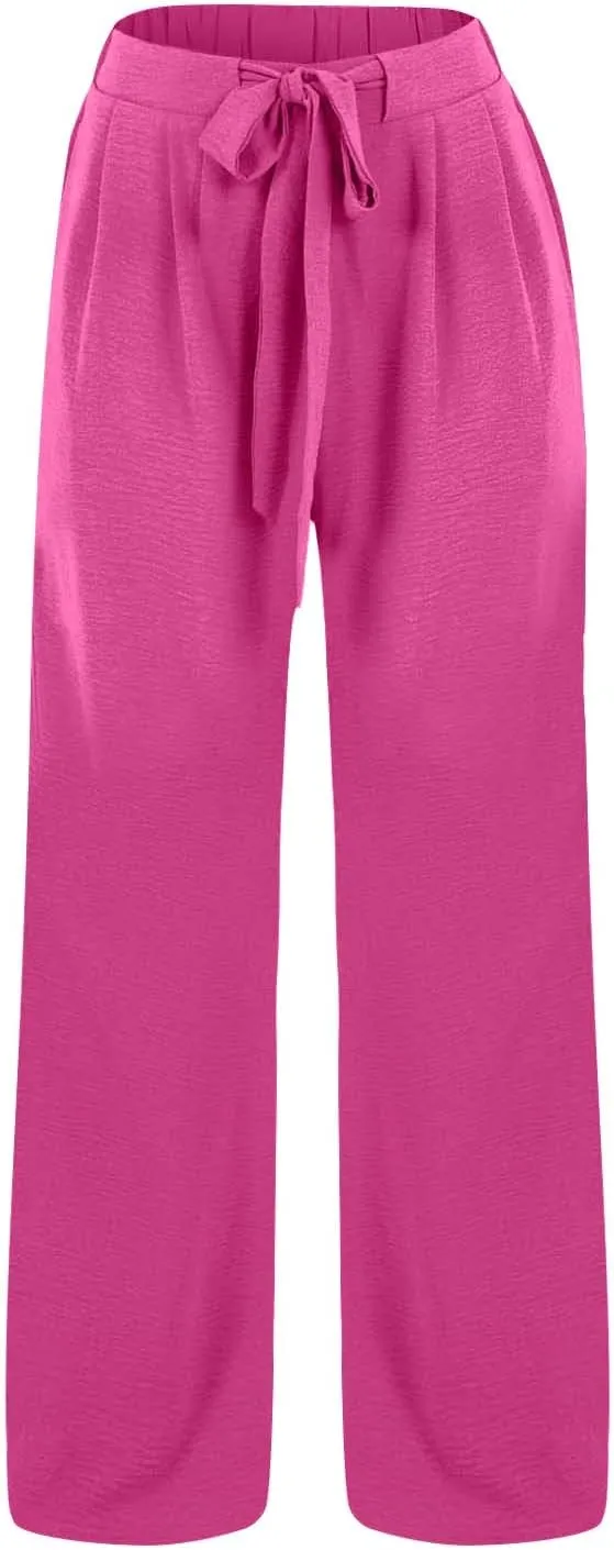 Summer Wide Leg Linen Pants for Women with Pockets High Waisted Tie Knot Beach Palazzo Pants Casual Lounge Trousers