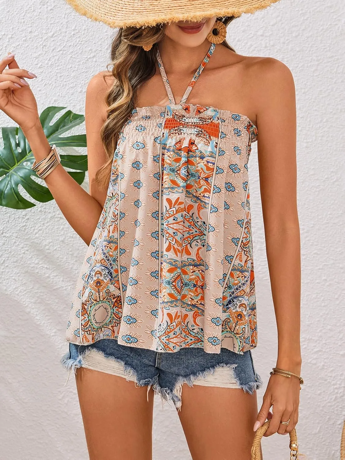 SweatyRocks Women's Boho Floral Print Backless Halter Top Summer Sleeveless Cami Tank Tops