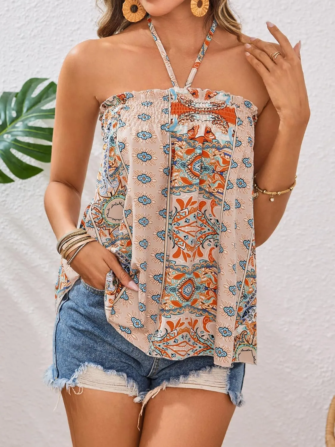 SweatyRocks Women's Boho Floral Print Backless Halter Top Summer Sleeveless Cami Tank Tops