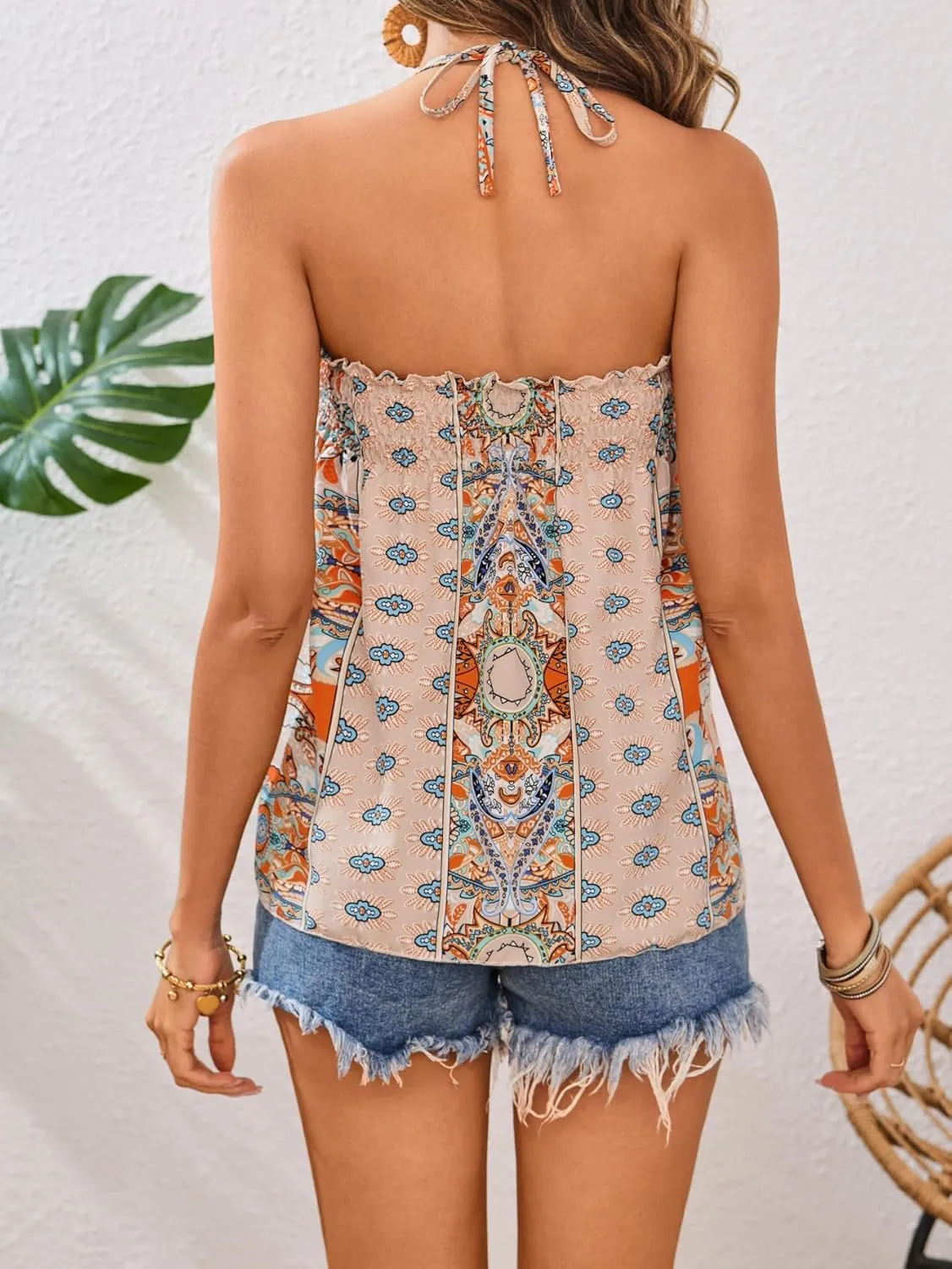 SweatyRocks Women's Boho Floral Print Backless Halter Top Summer Sleeveless Cami Tank Tops