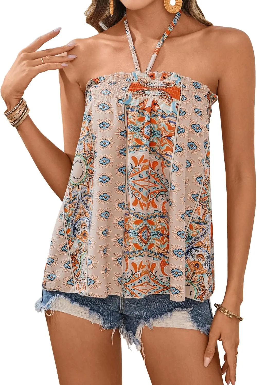 SweatyRocks Women's Boho Floral Print Backless Halter Top Summer Sleeveless Cami Tank Tops