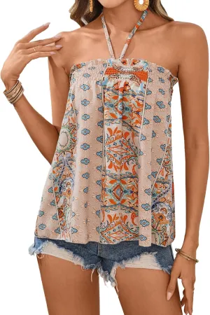 SweatyRocks Women's Boho Floral Print Backless Halter Top Summer Sleeveless Cami Tank Tops
