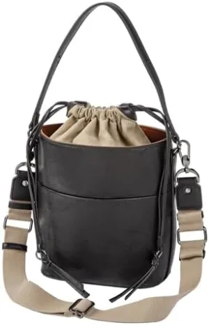 Sydney Love Bucket Bag, Vegan Leather, Canvas Drawstring, Black with Beige Trim, Convertible Crossbody Strap