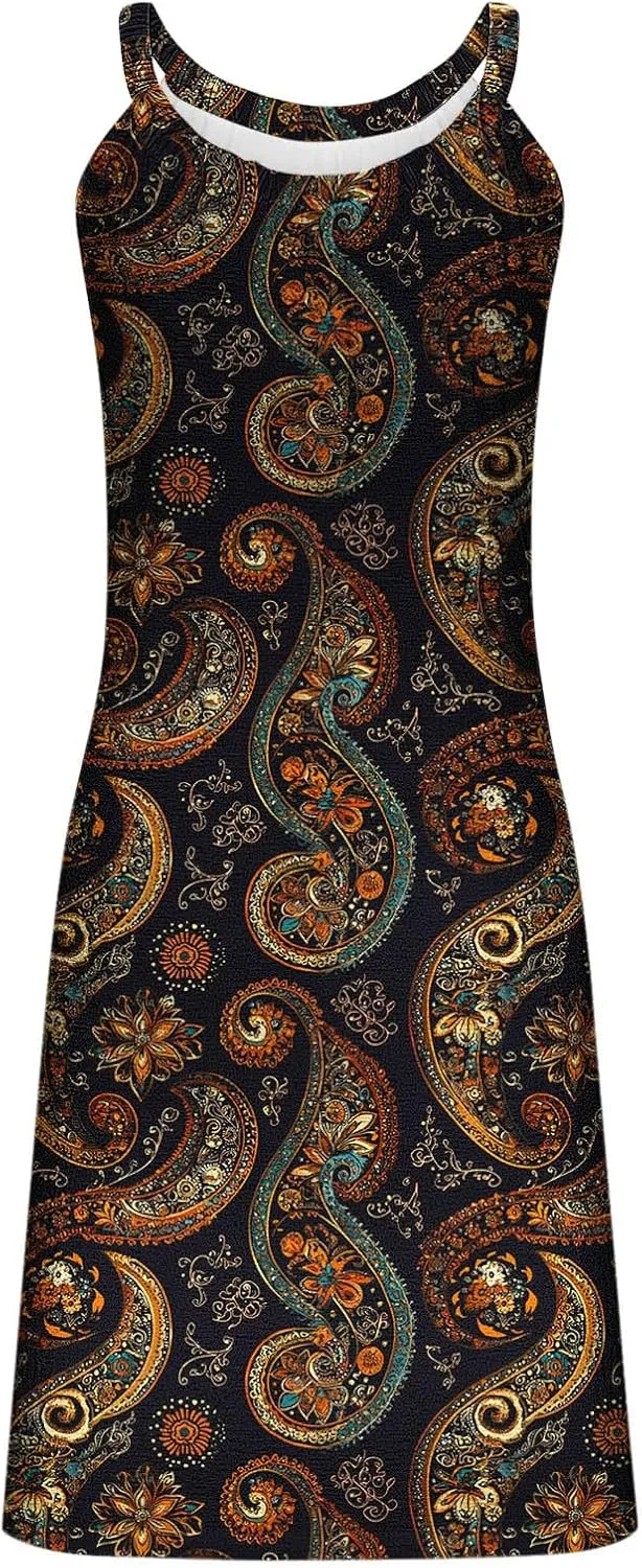 Tank Dresses for Women Vacation Hawaii Sleeveless Knee Length Casual Boho Floral Dresses Vintage Flower Print Sundress