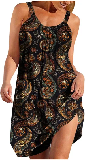 Tank Dresses for Women Vacation Hawaii Sleeveless Knee Length Casual Boho Floral Dresses Vintage Flower Print Sundress