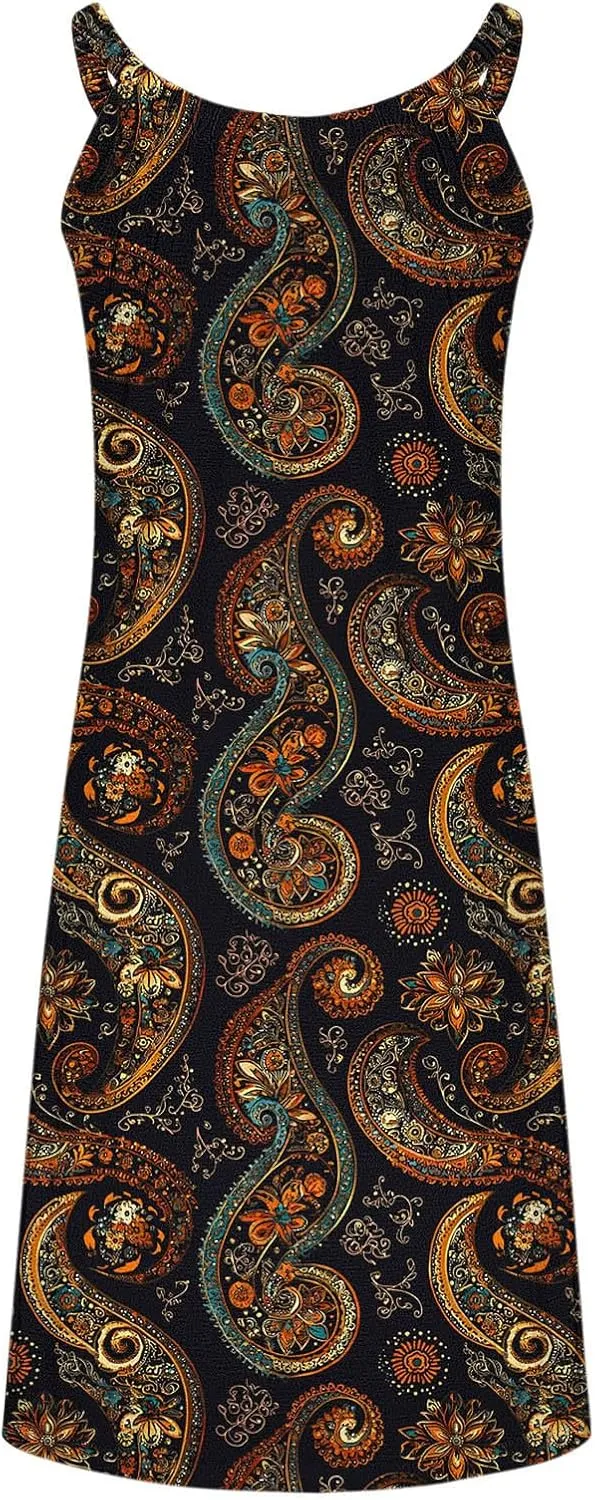 Tank Dresses for Women Vacation Hawaii Sleeveless Knee Length Casual Boho Floral Dresses Vintage Flower Print Sundress