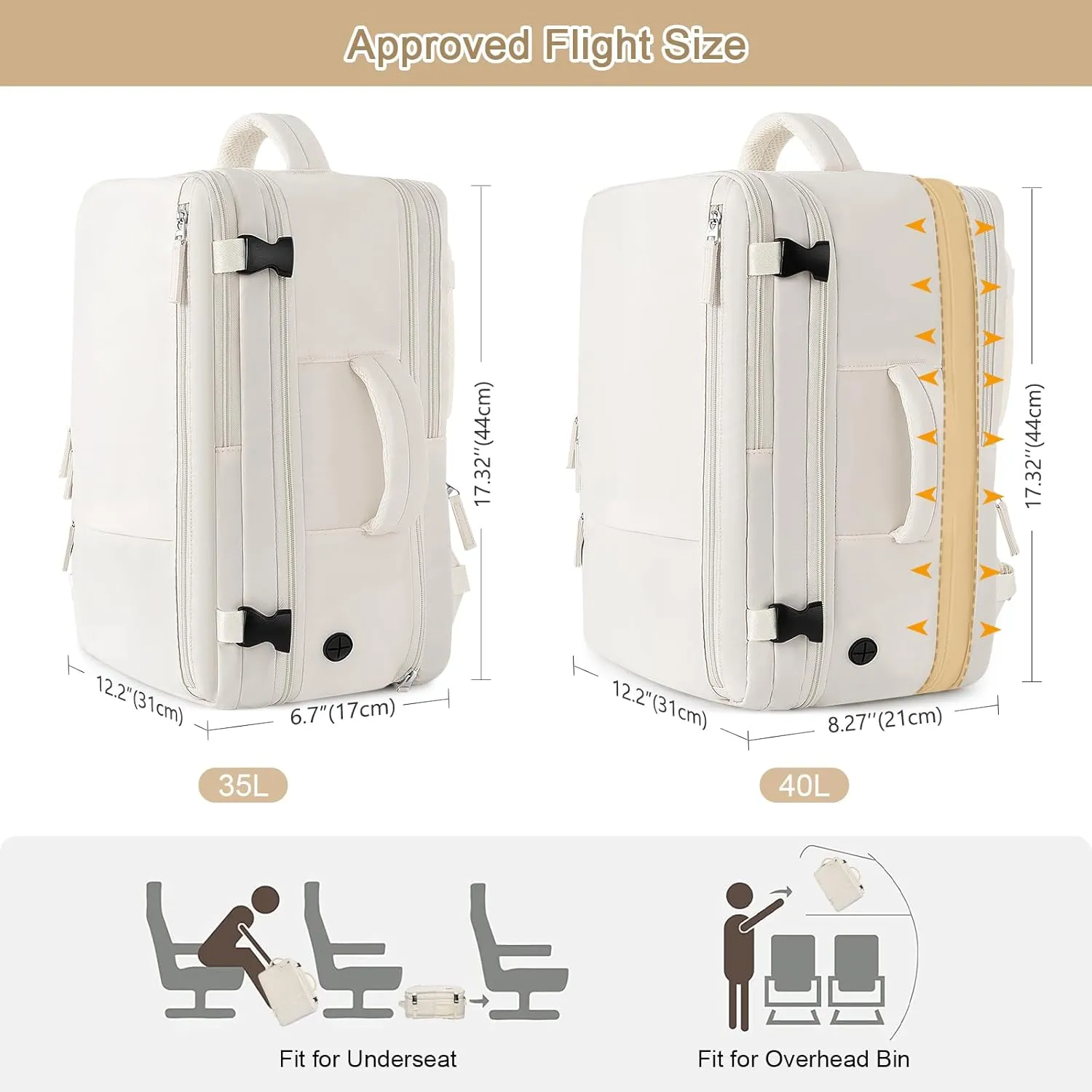 Travel Backpack for Women, Expandable 40L Carry on Flight Approved Backpack, 17 Inch Laptop Waterproof Travel Bag for College, Travel, Work, Beige