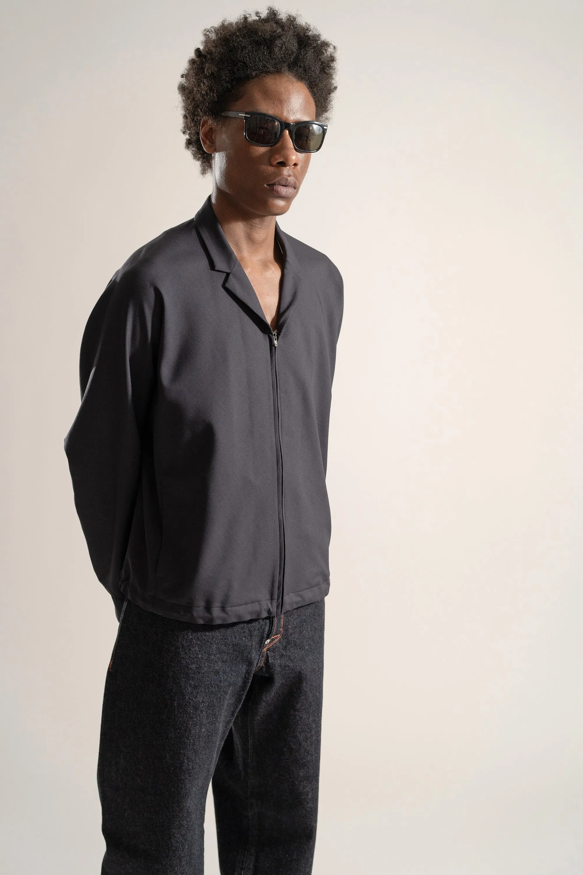 Tropical Wool Zip-up Blouson in Charcoal
