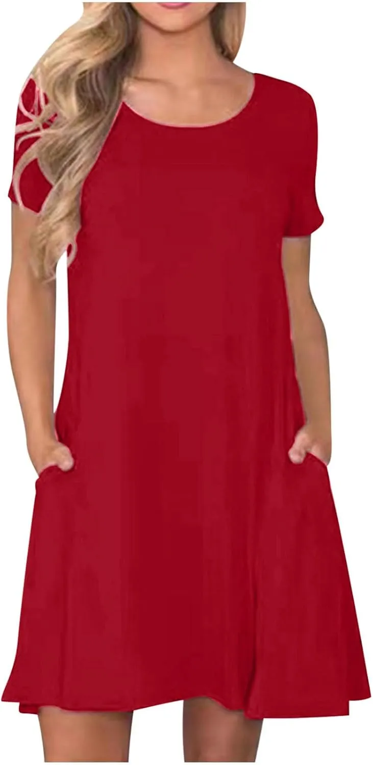 Tshirts Dress for Women with Pocket Short Sleeve T Shirt Dress Beach Mini Sundress Knee Length Csasual Cover Ups