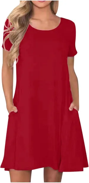 Tshirts Dress for Women with Pocket Short Sleeve T Shirt Dress Beach Mini Sundress Knee Length Csasual Cover Ups