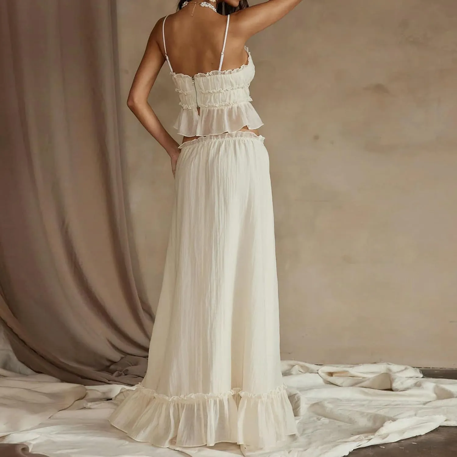 Two Piece Maxi Skirt Set Women Y2k Sexy Lace Sheer Halter Top and Smocked Pleated Long Maxi Sets 2 Piece Outfits