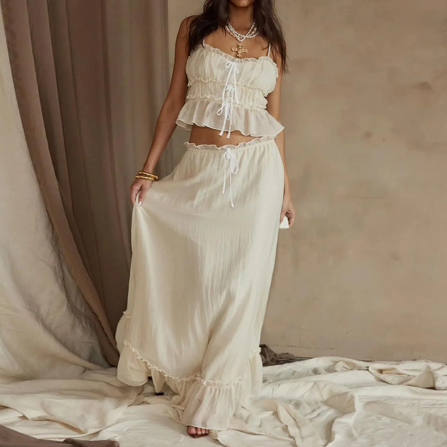Two Piece Maxi Skirt Set Women Y2k Sexy Lace Sheer Halter Top and Smocked Pleated Long Maxi Sets 2 Piece Outfits