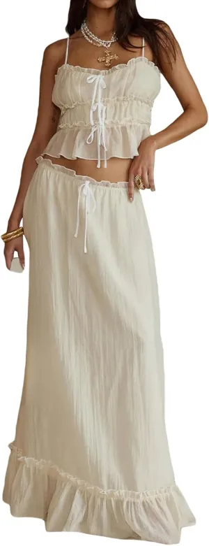 Two Piece Maxi Skirt Set Women Y2k Sexy Lace Sheer Halter Top and Smocked Pleated Long Maxi Sets 2 Piece Outfits