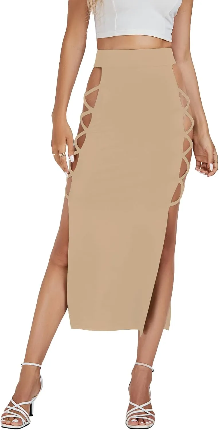 Umenlele Women's Sexy Split Thigh Cut Out Lace Up Side High Waist Midi Skirt