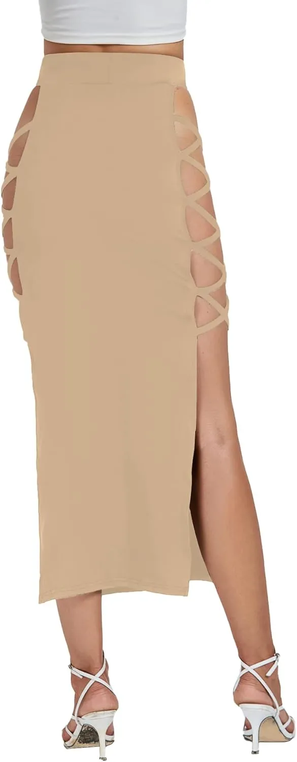 Umenlele Women's Sexy Split Thigh Cut Out Lace Up Side High Waist Midi Skirt