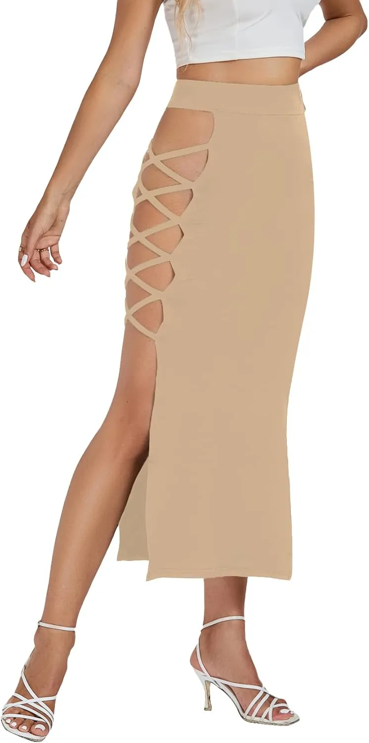 Umenlele Women's Sexy Split Thigh Cut Out Lace Up Side High Waist Midi Skirt