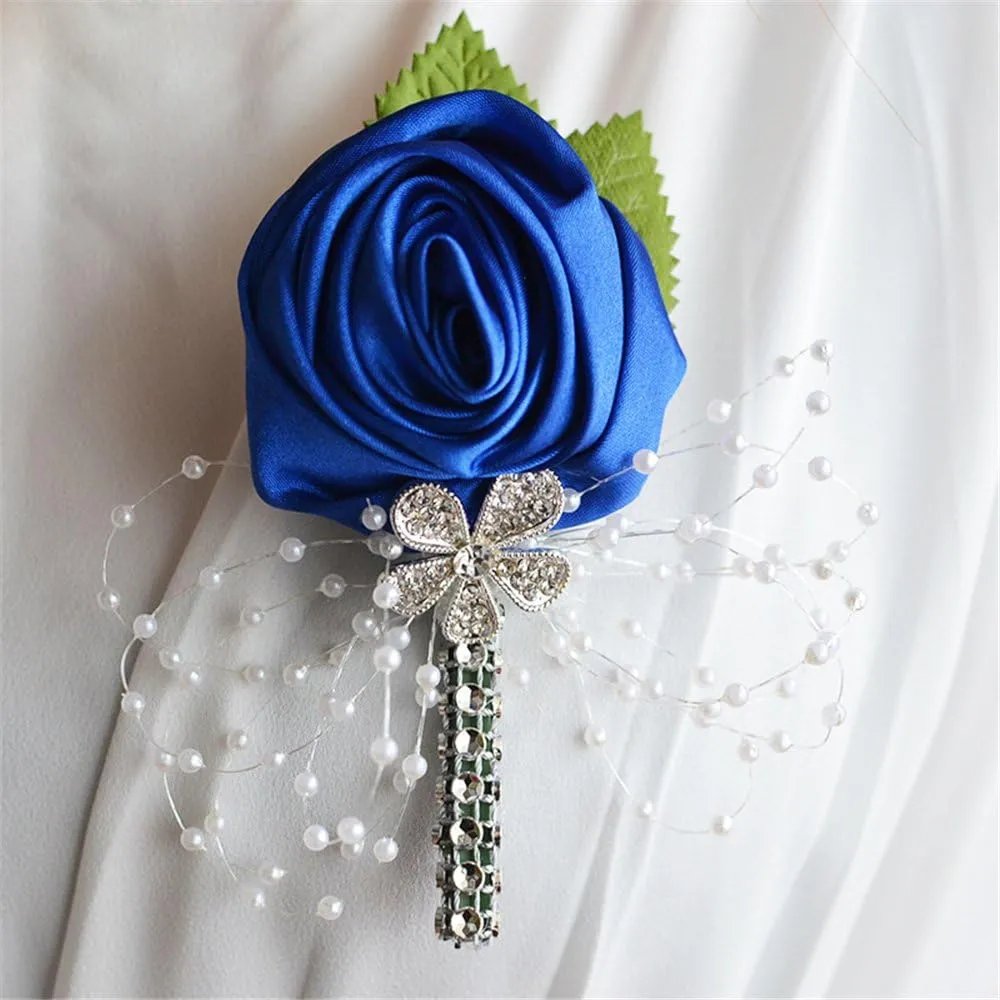 USIX 2pc Pack-Handmade Men's Lapel Satin Flower Pearl Decor Boutonniere Pin for Suit Wedding Groom Groomsmen Brooch Rose Boutonniere