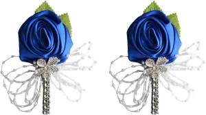 USIX 2pc Pack-Handmade Men's Lapel Satin Flower Pearl Decor Boutonniere Pin for Suit Wedding Groom Groomsmen Brooch Rose Boutonniere