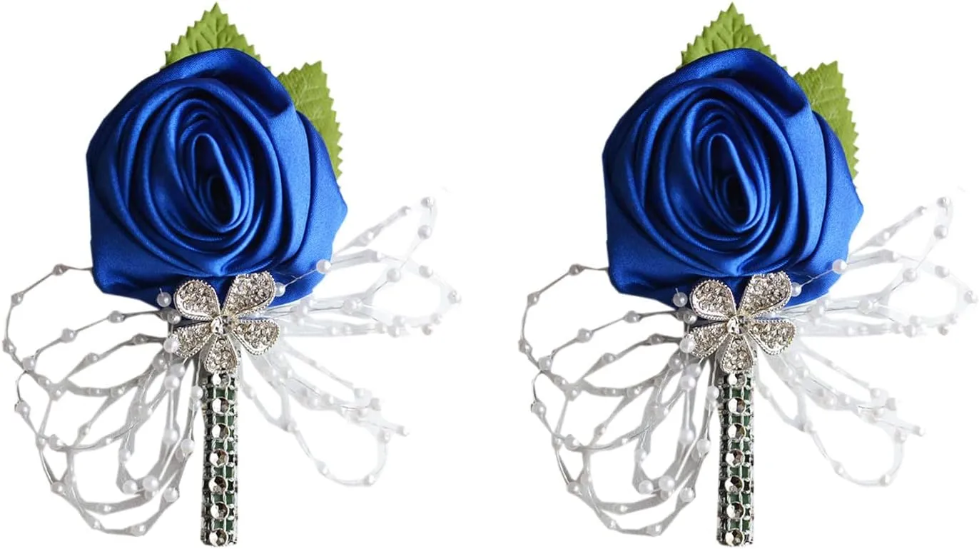 USIX 2pc Pack-Handmade Men's Lapel Satin Flower Pearl Decor Boutonniere Pin for Suit Wedding Groom Groomsmen Brooch Rose Boutonniere