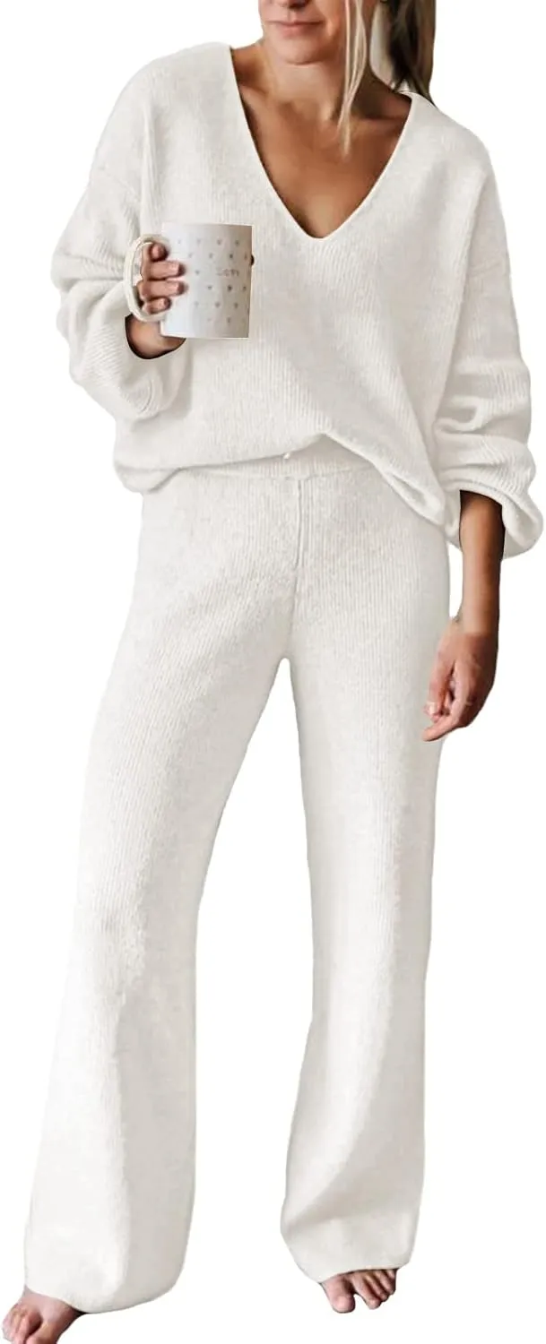 VamJump Women's 2 Piece Outfits V Neck Long Sleeve Sweater Pullover Top Wide Leg Pants Sweatsuit Lounge Sets