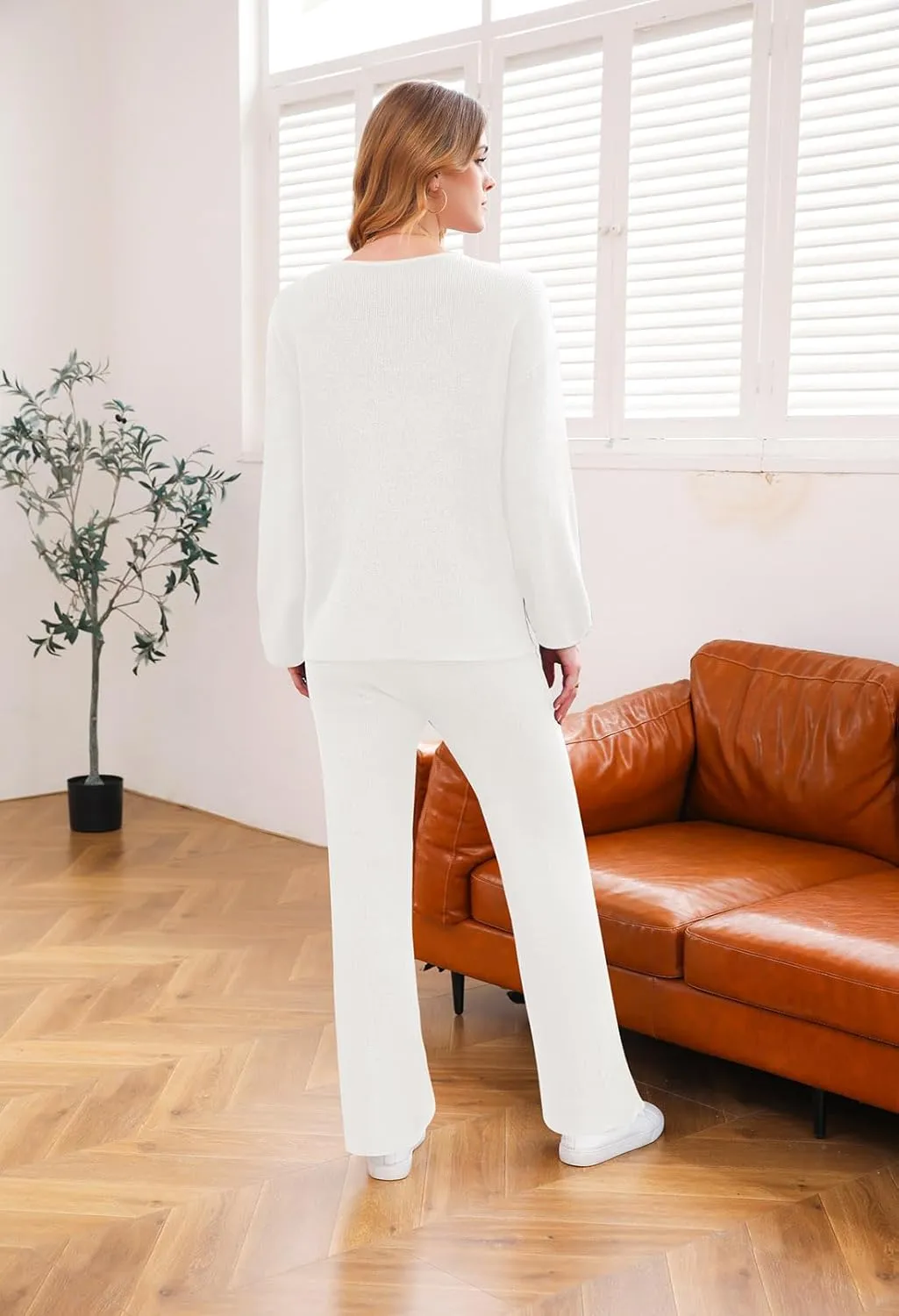 VamJump Women's 2 Piece Outfits V Neck Long Sleeve Sweater Pullover Top Wide Leg Pants Sweatsuit Lounge Sets