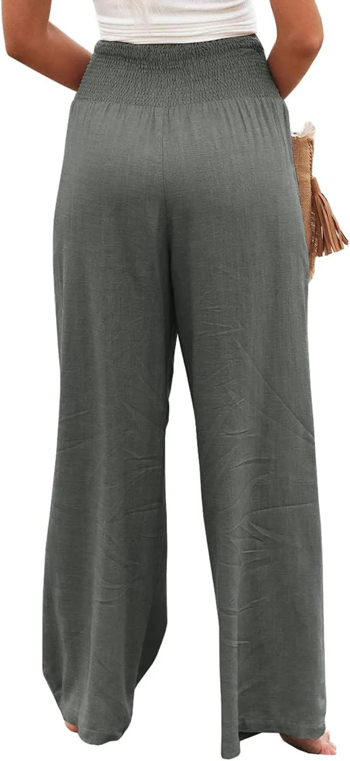 Vansha Women Summer High Waisted Cotton Linen Palazzo Pants Wide Leg Long Lounge Pant Trousers with Pocket