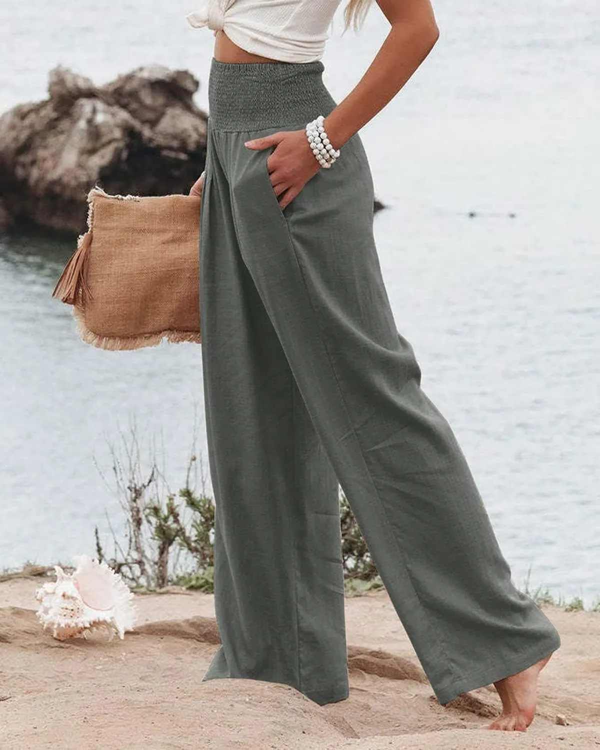 Vansha Women Summer High Waisted Cotton Linen Palazzo Pants Wide Leg Long Lounge Pant Trousers with Pocket