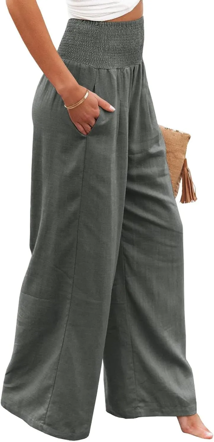 Vansha Women Summer High Waisted Cotton Linen Palazzo Pants Wide Leg Long Lounge Pant Trousers with Pocket