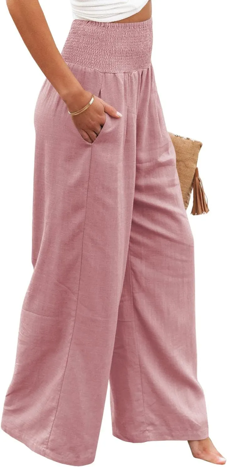Vansha Women Summer High Waisted Cotton Linen Palazzo Pants Wide Leg Long Lounge Pant Trousers with Pocket